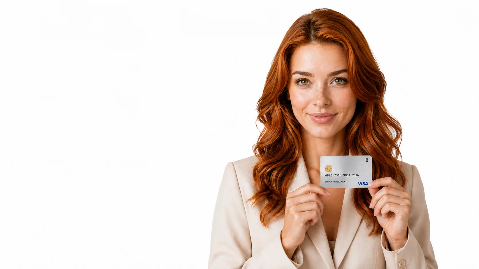 Девушка смотрит прямо на посетителя и держит серебристую именную карту Visa.
